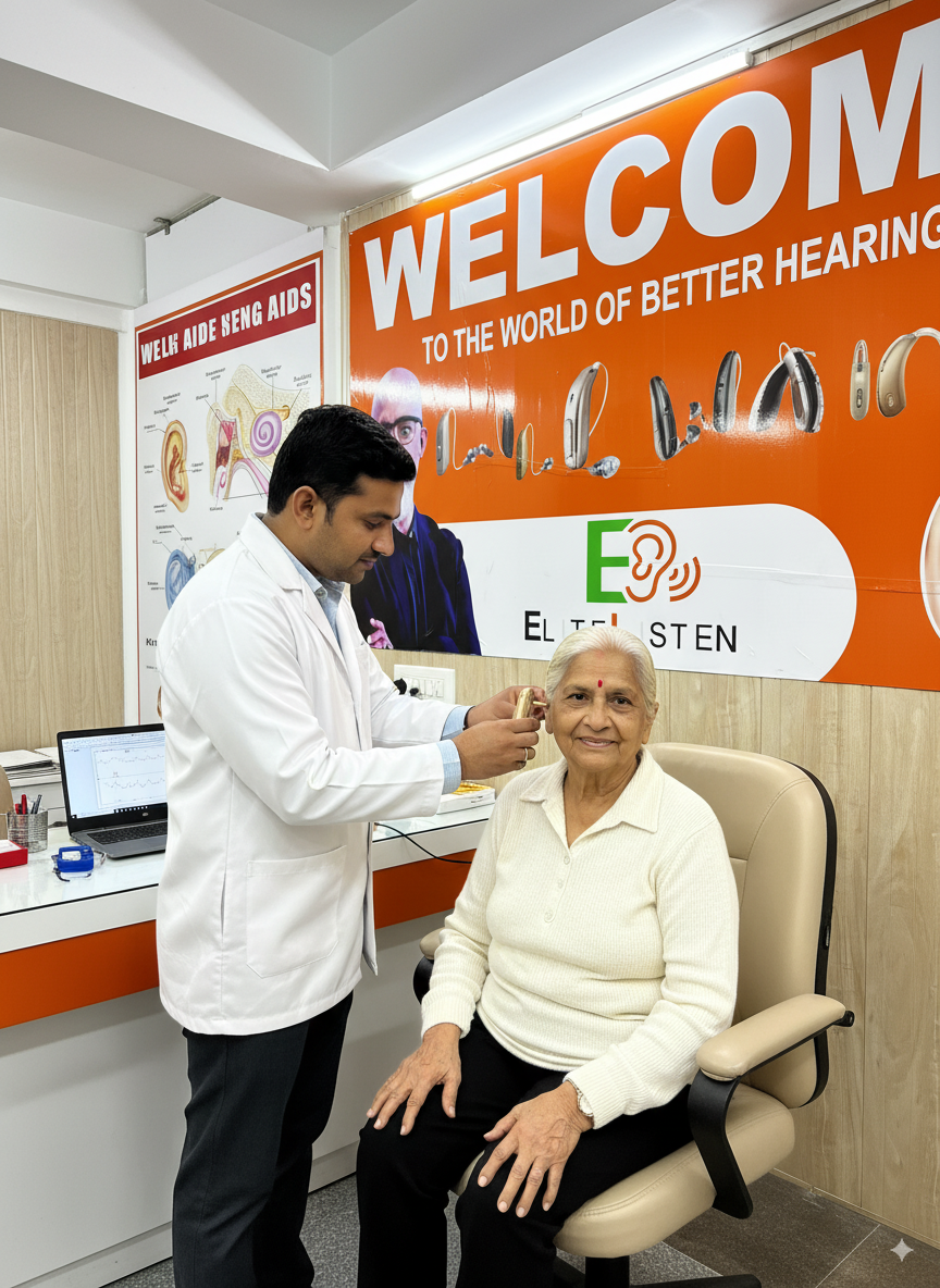 Audiologist fitting hearing aid