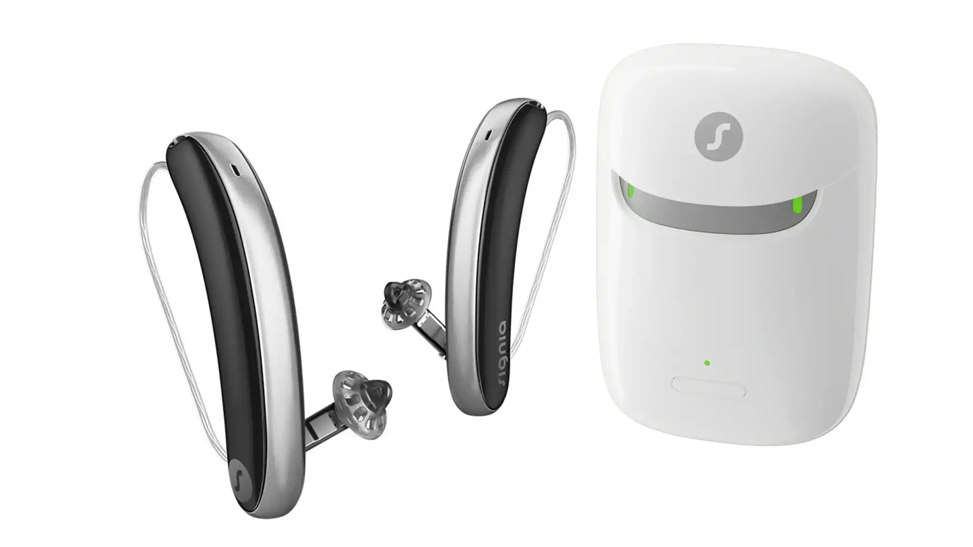 Signia Styletto IX hearing aids with their charging case