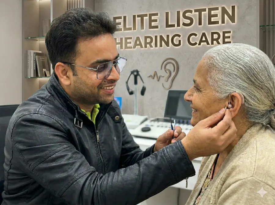 EliteListen audiologist fitting a hearing aid for a senior patient at the clinic