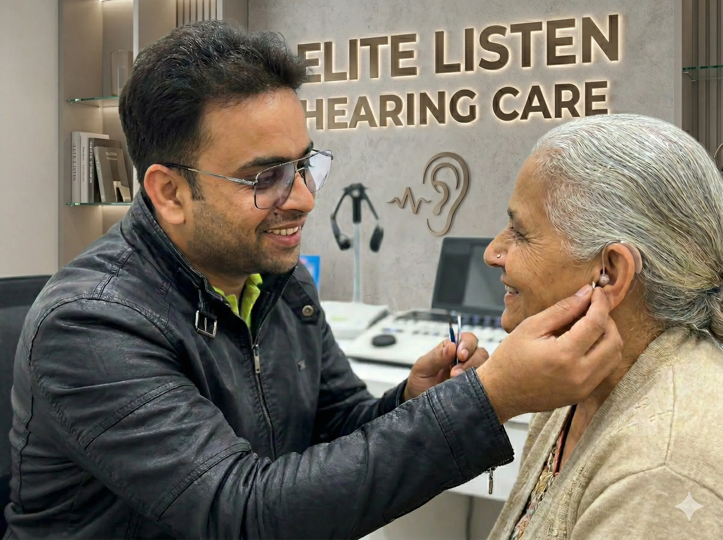 Audiologist fitting hearing aid