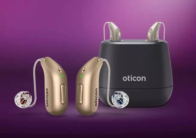 Oticon rechargeable hearing aids with charging case