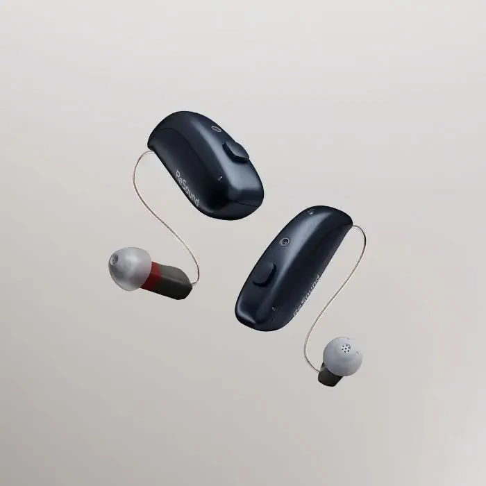 Pair of black ReSound receiver-in-canal hearing aids