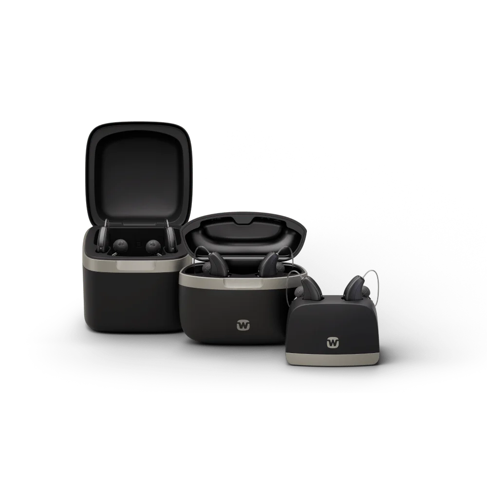 Widex rechargeable hearing aids with charging cases